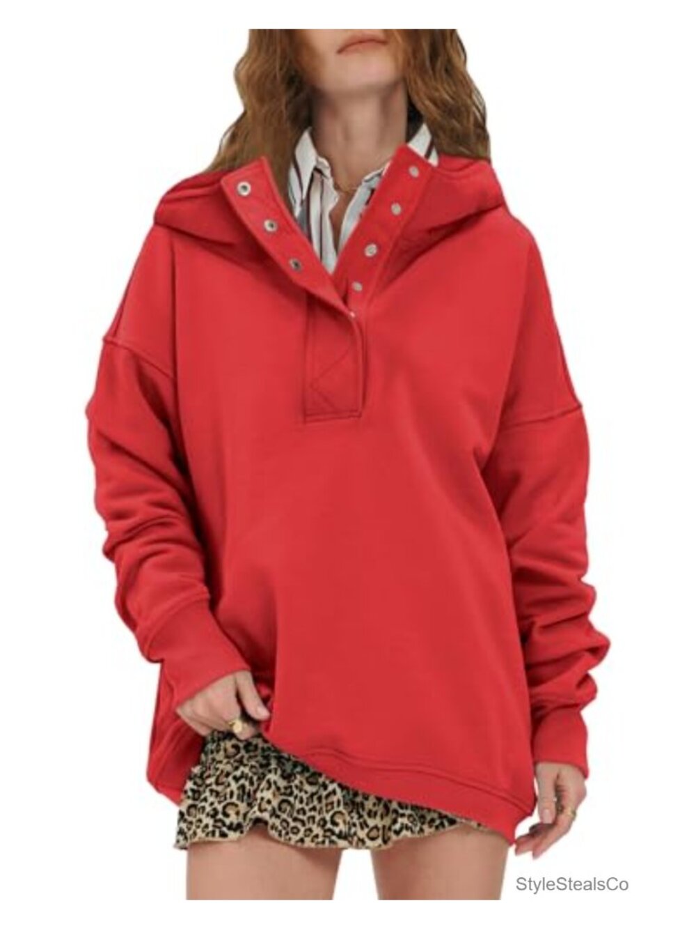 Oversized Fleece Hoodie Henley Neck Pullover Sweatshirt Y2K Drop Shoulder